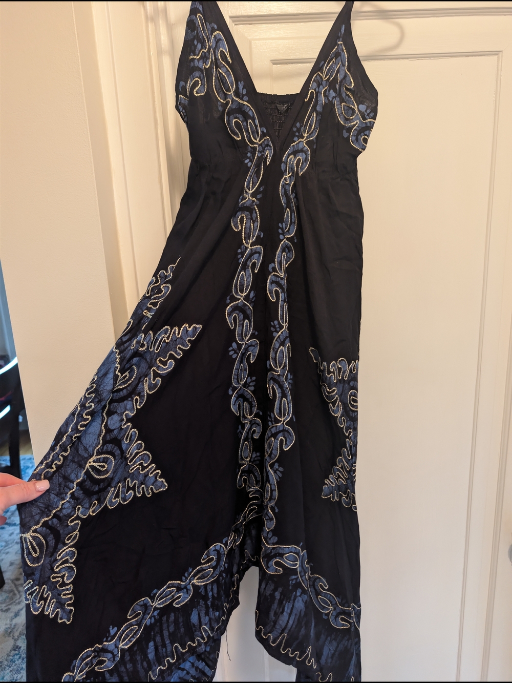 Women's Black Midi Dress Blue Embroidered Accents; Hippy; Boho Flowy Festival
